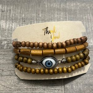 Beaded Brown Wood Multi-Row Bracelets 1 with Blue Eye Charm